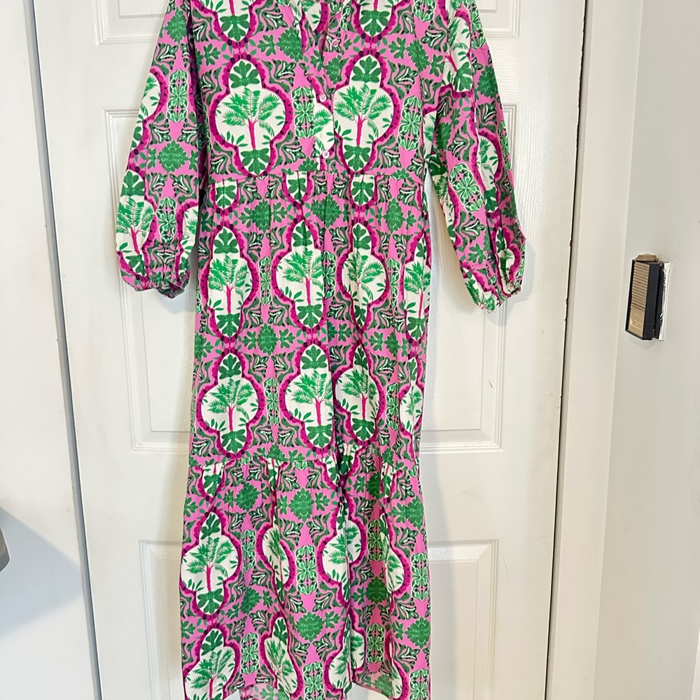 Anthropologie Bettina Tiered Shirt Dress by Maeve Large Pink and Green